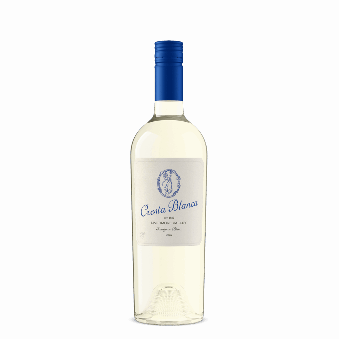 Cresta Blanca white wine bottle, blue cap.